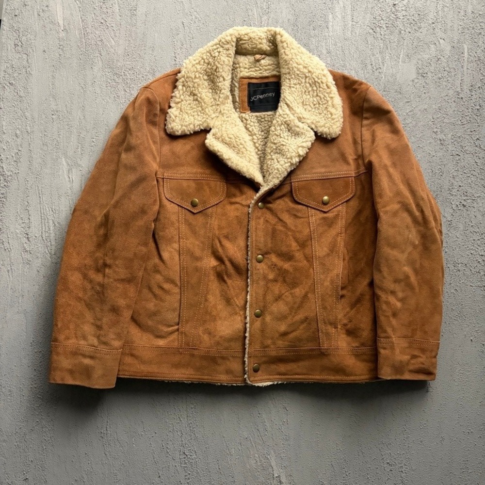 Vintage JC Penney Suede Sherpa Jacket 42 Brown 1970s Trucker USA